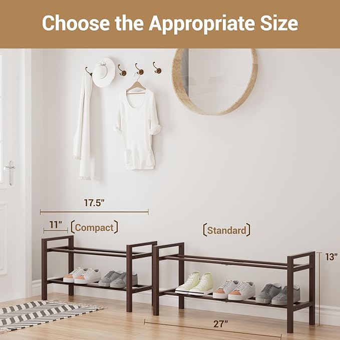 Haddockway Bamboo Shoe Rack for Closet, Free Standing Shoe Organizer with Smooth Round Rods & Convenient Handles, Stackable Shoe Storage Shelf for Entryway, Hallway(Brown, 2-Tier)