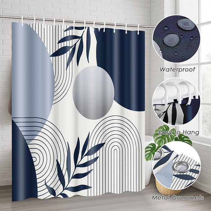 Boho Navy Blue and Grey Shower Curtain Set with Toilet Lid Cover and Non-Slip Rugs, Modern Minimalist Geometric Mid Century Abstract Leaf 4 Pcs Shower Curtain for Bathroom Set with 12 Hooks