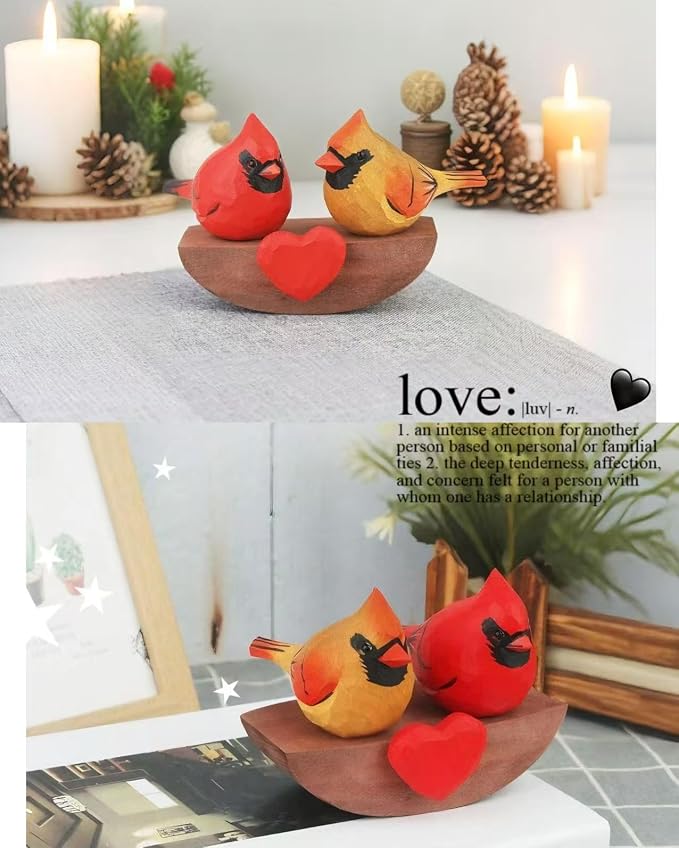 Handmade Wooden Cardinal Figurines on Heart Base - Set of 3 Hand-Carved Male & Female Red Bird Statues - Romantic Couples Gift for Anniversary, Valentine's Day, Wedding & Home Decor Accents