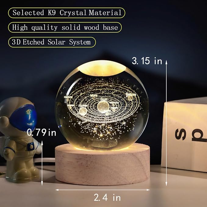 Solar System 3D Crystal Ball with LED Stand, 60mm Galaxy Model Decor Glass Sphere Lamp Night Light, Space Universe Astronomy Gifts for Women Men Mom Kids
