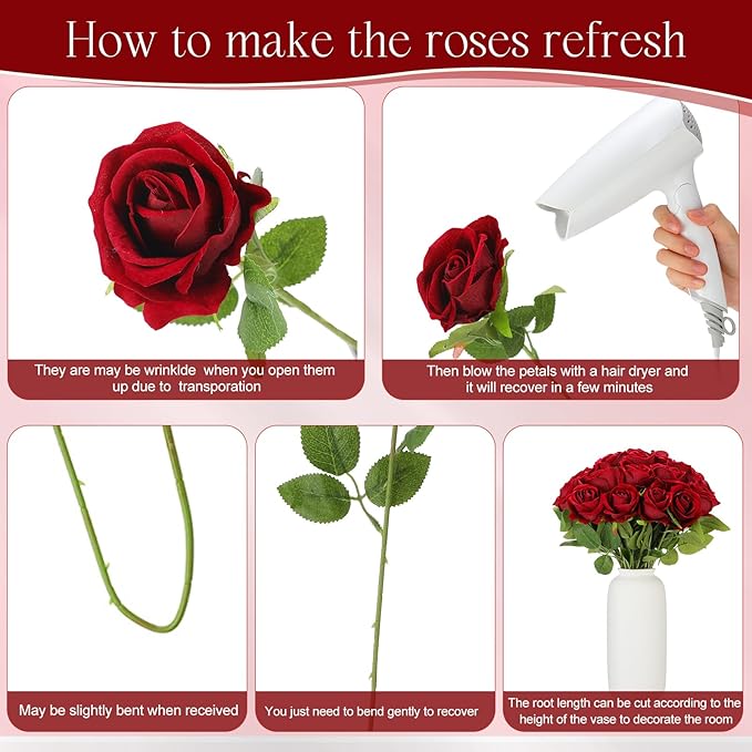 Jexine 50 Pcs Artificial Rose Flower Bulk Realistic Silk Fake Roses with Long Stem Plastic Artificial Flower Bouquet Real Looking for Home Wedding Centerpieces Party Decoration(Burgundy)