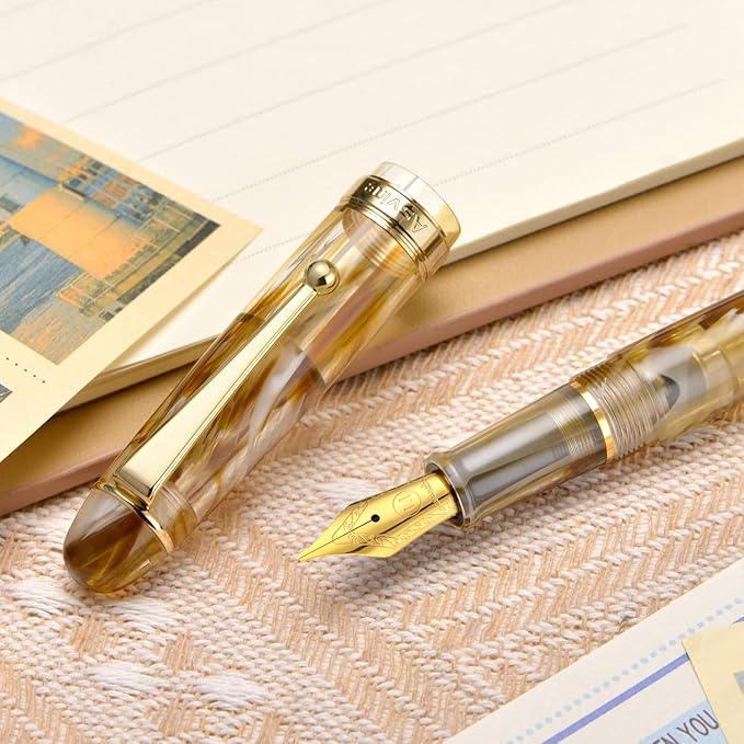 Asvine V126 Vacuum Filling Fountain Pen, Brown Swirl Acrylic Stub Nib 1.1mm Calligraphy Art Drawing with Case Set