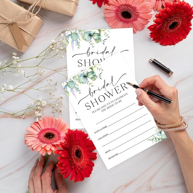 25 Set Greenery Bridal Shower Party Invitations with Envelopes, Spring Botanical Wedding Bridal Shower Party Supplies Invitation Cards-A14
