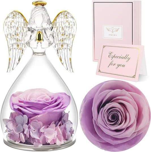 Sunia Preserved Flower Rose Gift for Women - Mother's Day Birthday Gifts for Mom Wife Grandma, Glass Angel Figurines Forever Real Roses Gifts for Her Valentine Day Thanksgiving﻿ (Pink Purple)