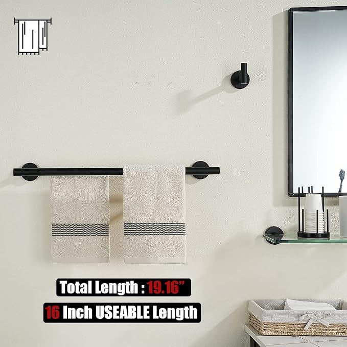 JQK Black Double Towel Bar, 19 Inch 304 Stainless Steel Thicken 0.8mm Towel Rack Bathroom, Towel Holder Matte Black Wall Mount, Useable Length 16 Inch, TB100L16-PB