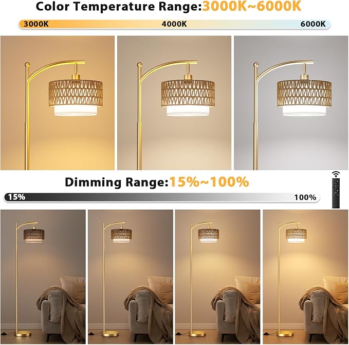 Ambimall Arc Floor Lamp for Living Room with Remote, Color Temperature & Brightness Adjustable, Boho Standing Lamp with Rattan & Fabric Double Drum Shades, Bulb Included(Gold)