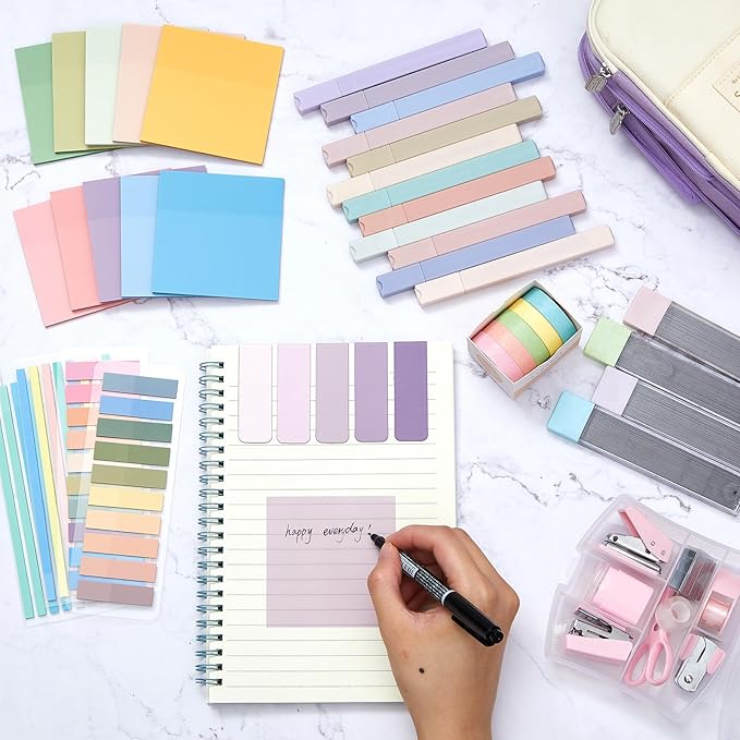 Sinload 60 Pcs Aesthetic Book Annotation Kit School Supplies Cute Pencil Case 12 Highlighter 5 Gel Pen 6 Mechanical Pencil 5 Magnetic Bookmark 1220 Pcs Sticky Note Tab Student Stationary(Purple)