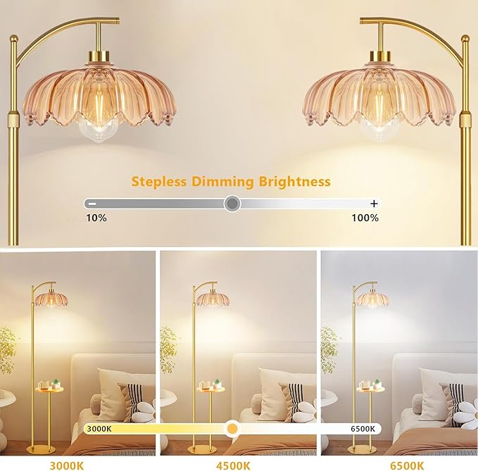 QIYIZM Gold Floor Lamp with Table and Shelves for Living Room Bedroom,Glass Standing Lamp with Remote Dimmable,Boho Brass Tall Lamp Vintage Farmhouse Arc Flower Floor Light Bohemian