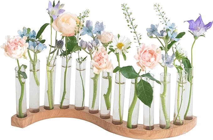 Test Tube Vases for Flowers，Small Plant Propagation Station，S Shape Plant Terrarium with Wooden Stand (Solid Beech)