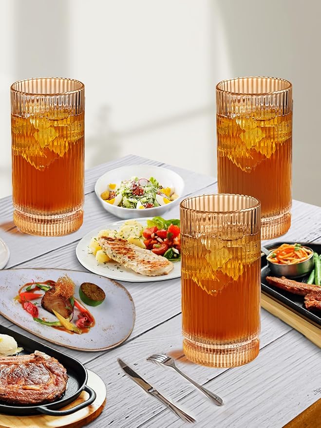 16Oz Amber Ribbed Glassware Set Of 6 – Vintage Drinking Glasses And Ribbed Glass Cups, Amber Glassware Drinkware Set For Water, Juice, Cocktails, Iced Coffee, Smoothies, Beer, Home, Parties