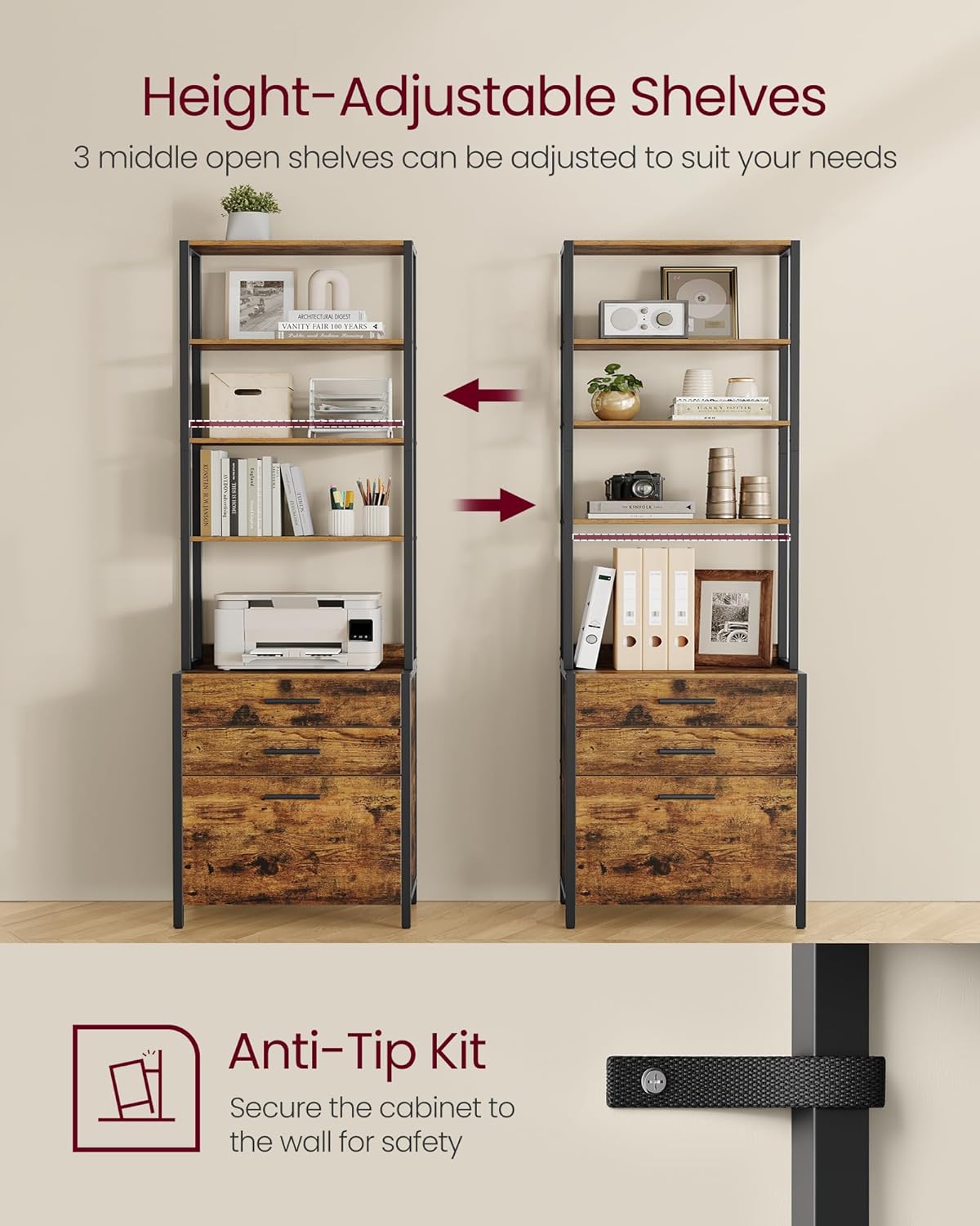 VASAGLE File Cabinet - Height-Adjustable Home Office Filing Cabinet with 3 Drawers - Rustic Brown