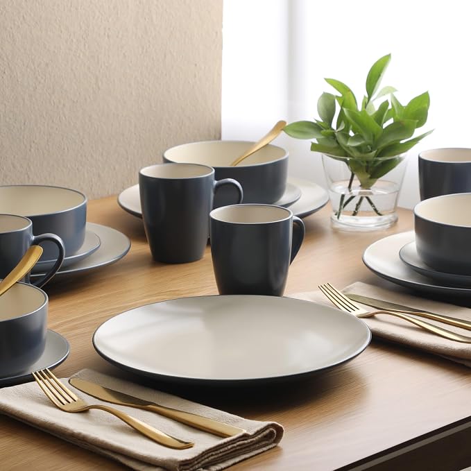 Gibson Elite Oxford Blue Plates and Bowls Sets, 16 Piece Stoneware Dinnerware Sets for 4, Two Tone Dishware Sets, Dinner Plates Dessert Plates Bowls Mugs
