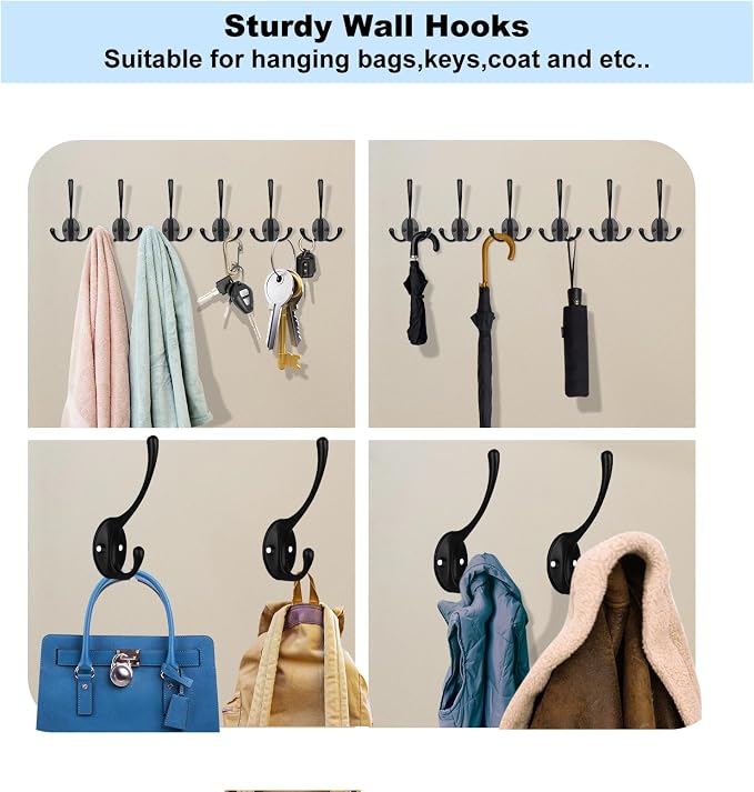 Kruodop 6Pcs Coat Hooks Wall Hooks for Hanging Heavy Duty, Wall Mounted Black Towel Hooks, Metal Single Coat Hanger with Screws Cup Retro for Coats, Handbags, Towels