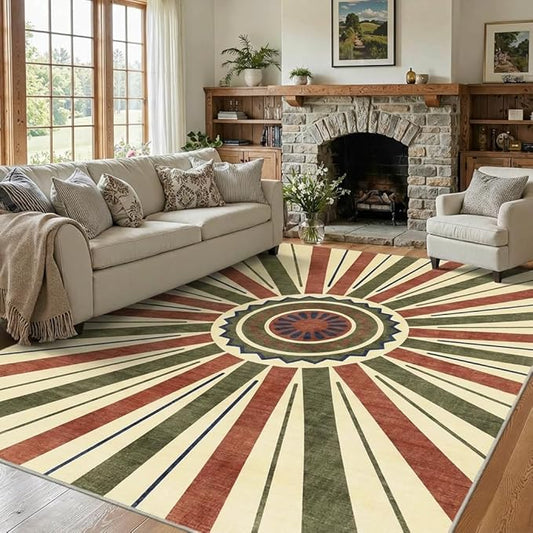 5x7 Retro Sunburst Medallion Area Rug - Non-Slip Washable Low Pile, Rust Red Olive Green Navy Pattern Carpet for Bedroom, Living Room, Dining Area, Home Office