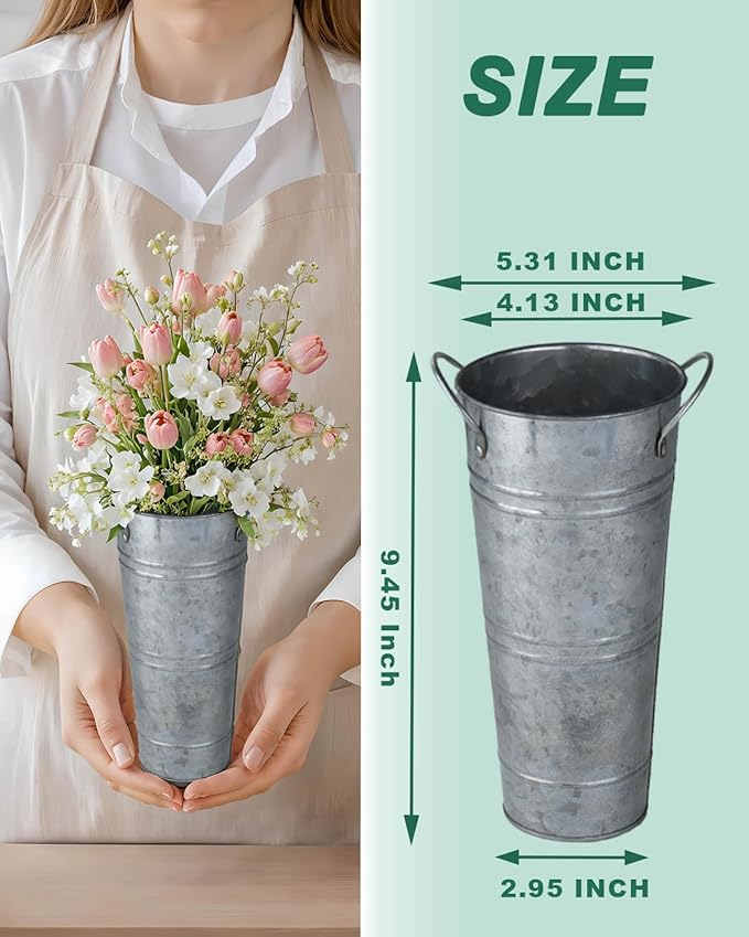 9 Inch Galvanized Metal Vases for Flowers - 2 Pcs Farmhouse Decorative Tall Flower Bucket with Handles, Rustic French Tin Planter Buckets for Wedding Decor (Silver)