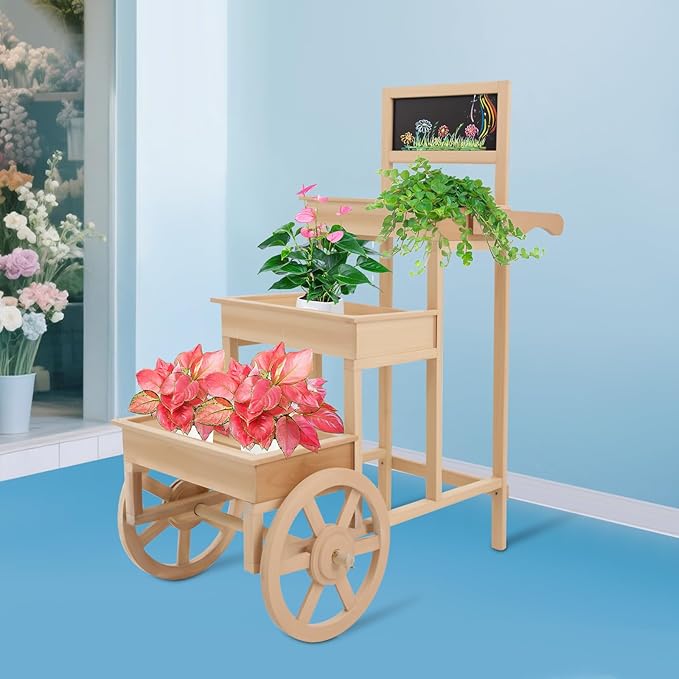 Flower Display Stand | 3-Tier Wood Flower Cart | Flower Cart Display Stand with Wheels | Ladder Shaped Plant stand | Market flower display Stand | Handle & Blackboard (Wood Color)