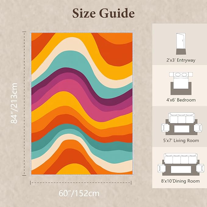 Retro 70s Area Rug 5x7, Mid Century Modern Abstract Wavy Carpet, Colorful Rainbow Swirl Rug for Living Room Bedroom Office, Non-Slip Washable Indoor Floor Mat