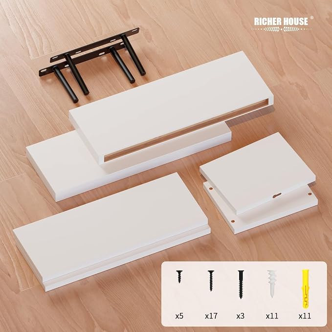 RICHER HOUSE White Floating Shelves Set of 3, Modern Bathroom Shelves Wall Mounted Shelves for Wall Decor, Over Toilet White Wall Shelves for Bathroom Bedroom, Living Room, Kitchen
