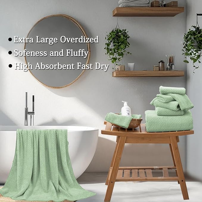 8-Piece Green Bath Towels Set,2 Oversized Large Bath Towels Sheet,2 Hand Towels and 4 Washcloths - 600 GSM Soft Luxury Towel Set,Highly Absorbent Quick Dry Towel Collection for Bathroom,Hotel and Spa