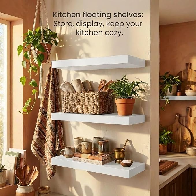 SAUMONIERES Floating Shelves Wall Shelf Solid Wood for Bathroom Bedroom Kitchen Set of 3, White Wall Shelves