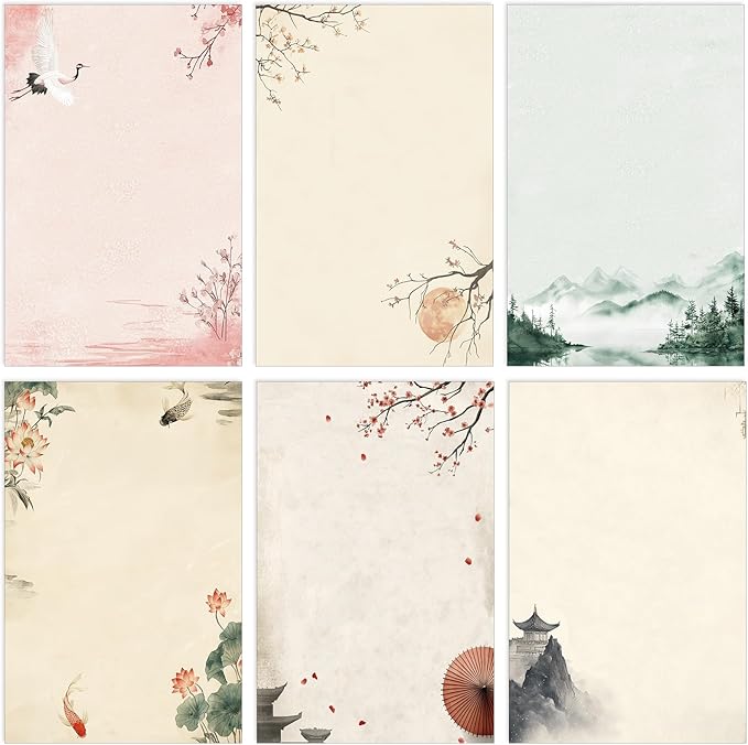 Supervitae 120 Sheet Japanese Stationery Paper for Letter Writing Scrapbook Paper Crafting Printing, 8.27" x 5.51", Double Sided Printing, 6 Watercolor Designs