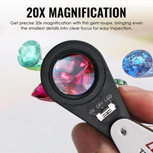 Skiennix 20x Foldable Pocket Magnifier - Illuminated Loupe with UV & LED Light for Jewelry, Coins & Antiques