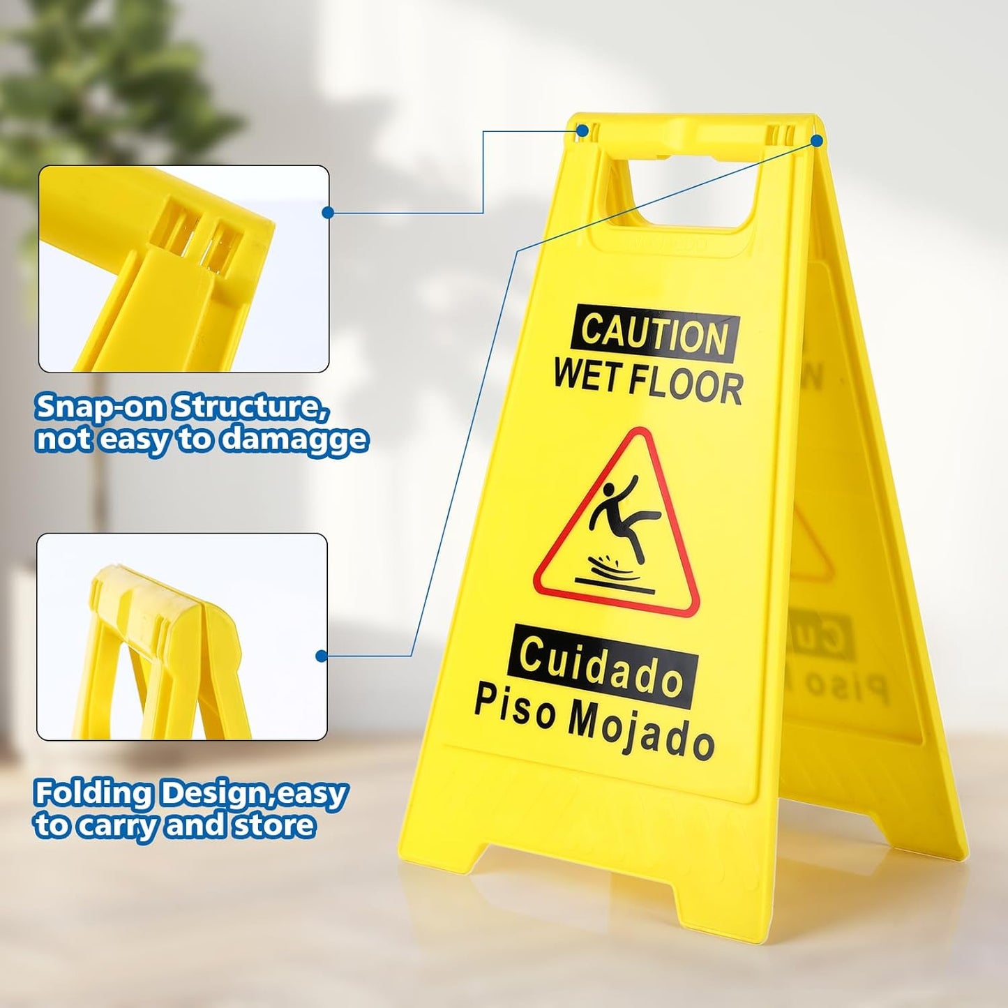 WOUSEDO Caution Wet Floor Sign - Bright Yellow Double-Sided A-Frame | 17.5" Height, Bilingual Message