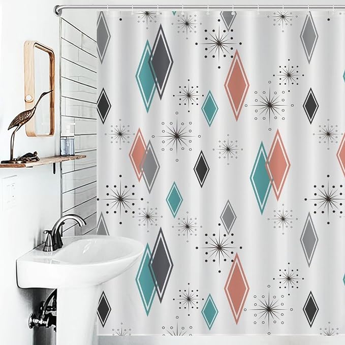Mid Century Modern Shower Curtain,Retro Abstract Atomic Starburst Geometric Diamond Pattern Shower Curtains Set for Bathroom Fabric Decorative Bath Curtain Washable Curtain Hooks, 72x72 in
