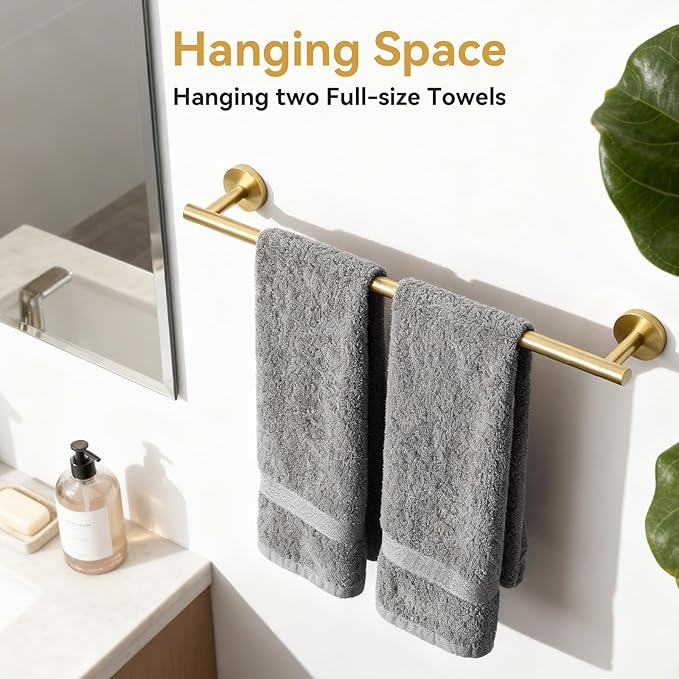 Brushed Gold Towel Bar, 24 Inch Bathroom Towel Rack (Total Length 26-Inch), Towel Holder Wall Mounted, Thicken SUS304 Stainless Steel Towel Rod Modern Home Decor