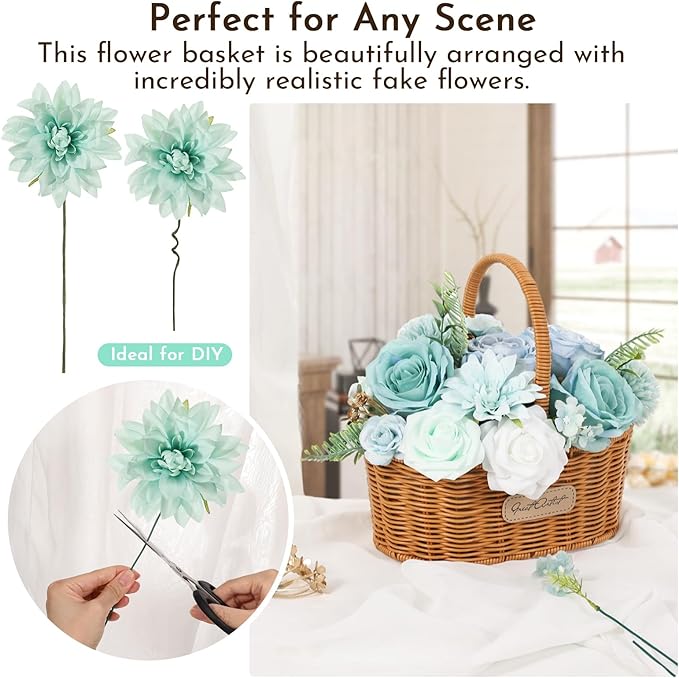 Artificial Flowers Combo Box Set Green Blue Bouquet Flowers for Wedding Centerpieces Arrangements Bridal Shower Party Decorations Fake Floral for Home