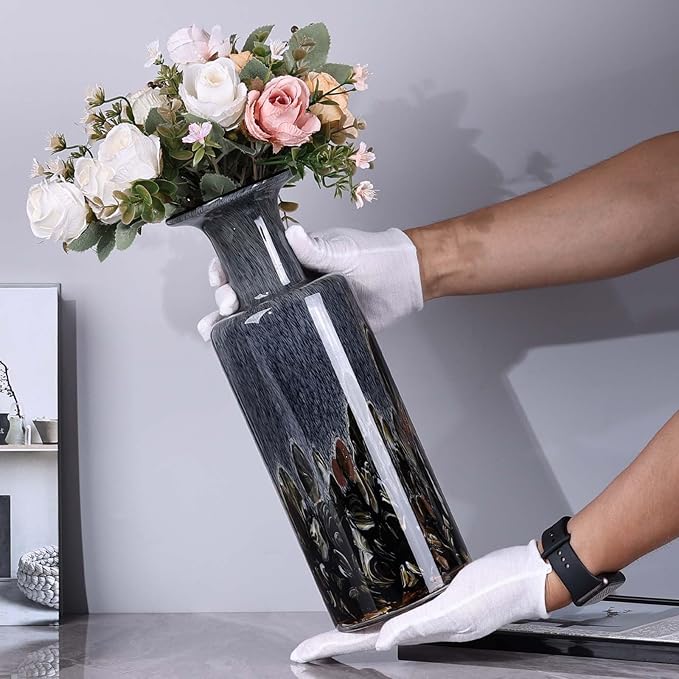 Hand Blown Glass Vase Smoke Gray – Murano Style Art Glass Vase with Wide Mouth for Flowers, Unique Bubble Vase, Modern Coastal Glass Decor for Dining Room, Coffee Table, Living Room Display(Gray)