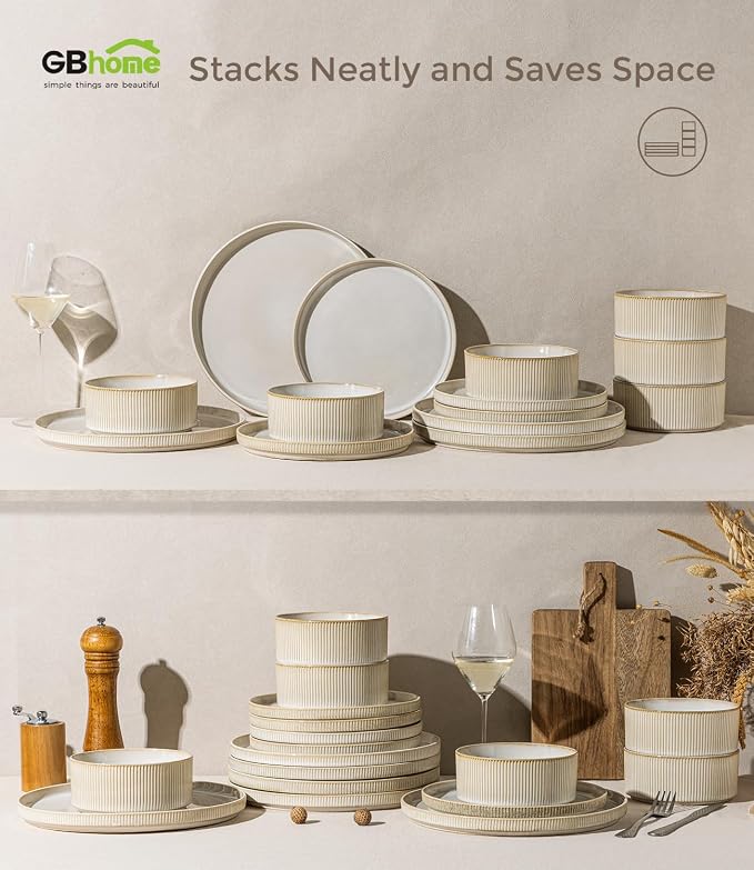 GBHOME 12-Piece Stoneware Dinnerware Set for 4 – Ribbed Ceramic Plates and Bowls, Scratch-Resistant, Microwave & Dishwasher Safe, Reactive Glaze, Oatmeal Veil