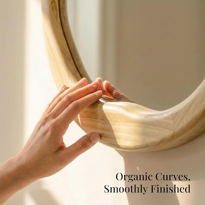 Natural Wood Round Mirror 24 Inch, Solid Wood Framed Wall Mirror with Irregular Wavy Inner Edge for Bathroom Vanity, Bedroom & Boho Decor
