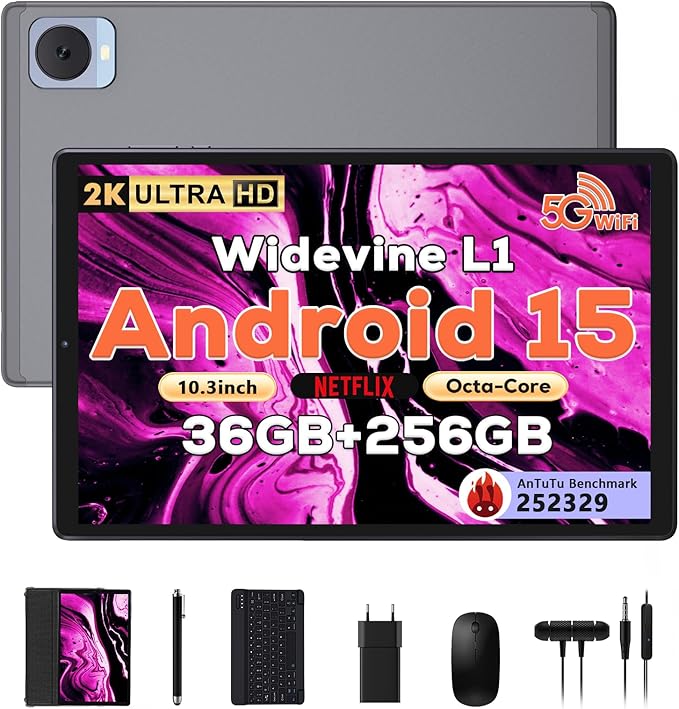 DEZLTID 2025 Tablet 10.4 inch Android 15 Tablets with Keyboard Stylus Mouse: 2K IPS Tablette (2000x1200), 36GB+256GB(1TB TF), 5G/2.4G Dual WiFi, 8-Core 1.6GHz, 8000mAh,8+13MP, Widevine L1- Gray