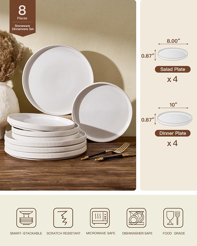 8-Piece Dinner/Salad Plates, Matte White Dish Set for 4 | Chip & scratch resistant stoneware dinnerware. Microwave & dishwasher safe. Handcrafted reactive glaze. For daily & serving.