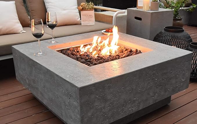 Elementi | Manhattan Gas Fire Pit Cast Concrete 36" Square Fire Table, Outdoor Fire Pit Electronic Ignition | Canvas Cover, Lava Rock Included | Light Gray (Natural Gas)