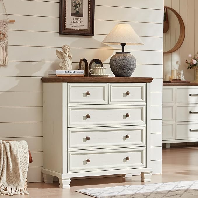 Farmhouse 5 Drawer Dresser for Bedroom, 32.6 Inch Tall Vintage Chest of Drawers, Rustic Small Dressers w/Square Solid Wood Legs, Mid-Century Storage Organizer for Living Room, White
