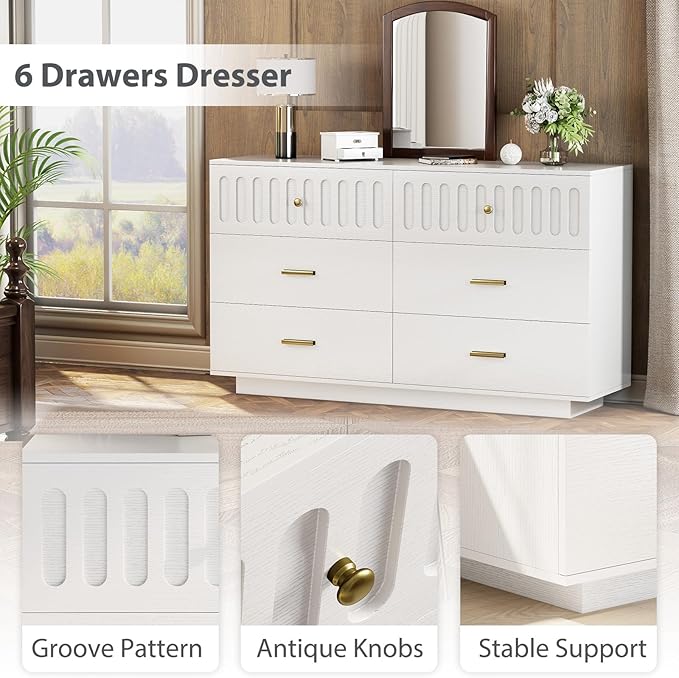 IBF Modern 6 Drawer Dresser for Bedroom, Fluted White and Gold Chest of Drawers for Kid Adult Closet, Large Wood Clothes Storage Dresser with Anti-Tipping Device for Living Room Hallway, White Oak