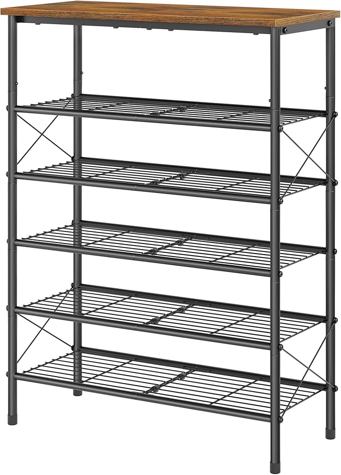 Tajsoon 6 Tier Free Standing Shoe Rack for 20-24 Pairs, X Shape Fixed Frame Metal Mesh Shoe Rack for Closet, Rustic Brown & Black