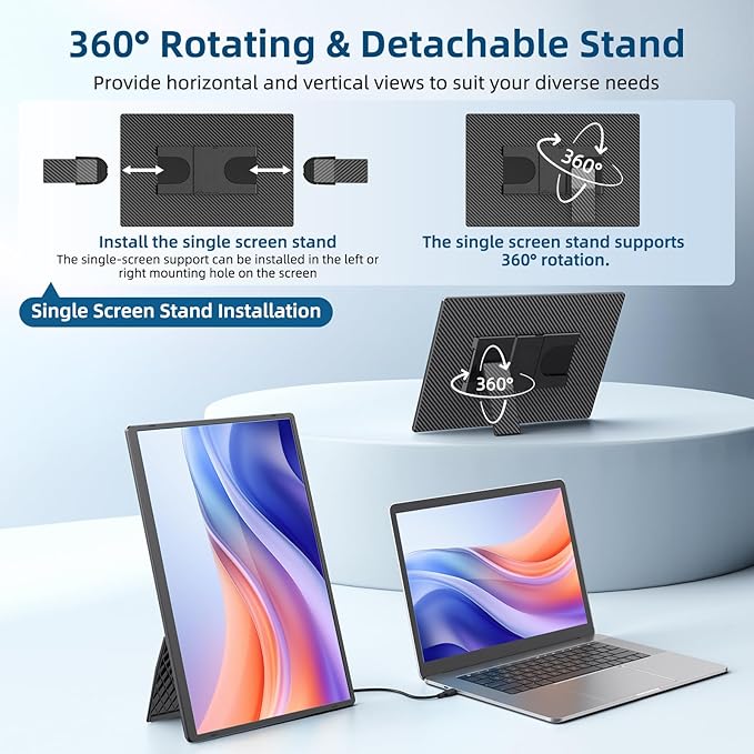 Portable Monitor, 16 Inch 1200P FHD Laptop Screen Extender Dual Monitor, 360° Rotating Detachable Stand Plug n Play, Ultra Slim Zero Frame, Travel Portable Screen for Laptop/PC/Mac/Windows/PS5