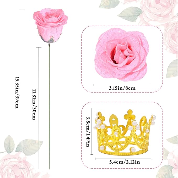 Waipfaru Pink Glitter Roses Bouquet, DIY Fake Flowers Bouquet, Everlasting Shiny Artificial Rose Bouquet for Valentine's Day, Anniversary, Engagement, Wedding, 24 Roses
