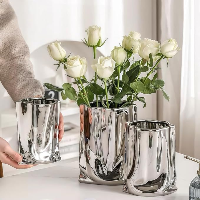 Ceramic Flower Vase, Crinkle Paper Bag Shape, Silver Metal, Modern Home Decor (X-Large)