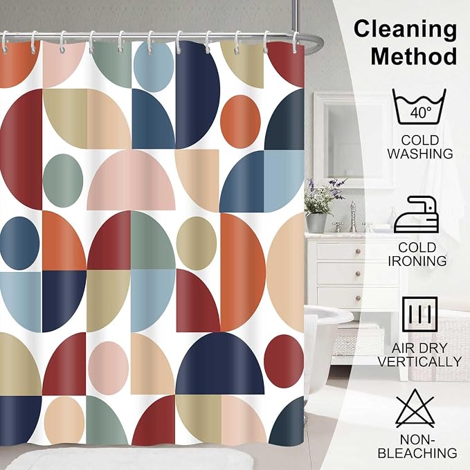 Mid Century Colorful Geometric Shower Curtain Vintage Rainbow Abstract Art Bathroom Curtain Decor 72x72 Inch Washable Fabric Retro Bright Boho Circle Patterned Bath Curtain with 12 Hooks