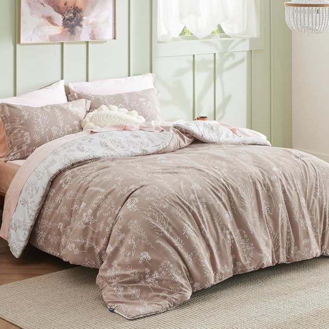 Bedsure Duvet Cover King Size - Reversible Light Taupe King Duvet Cover Set with Zipper Closure, 3 Pieces Floral Patterned Bedding Set with 8 Corner Ties and 2 Pillow Shams