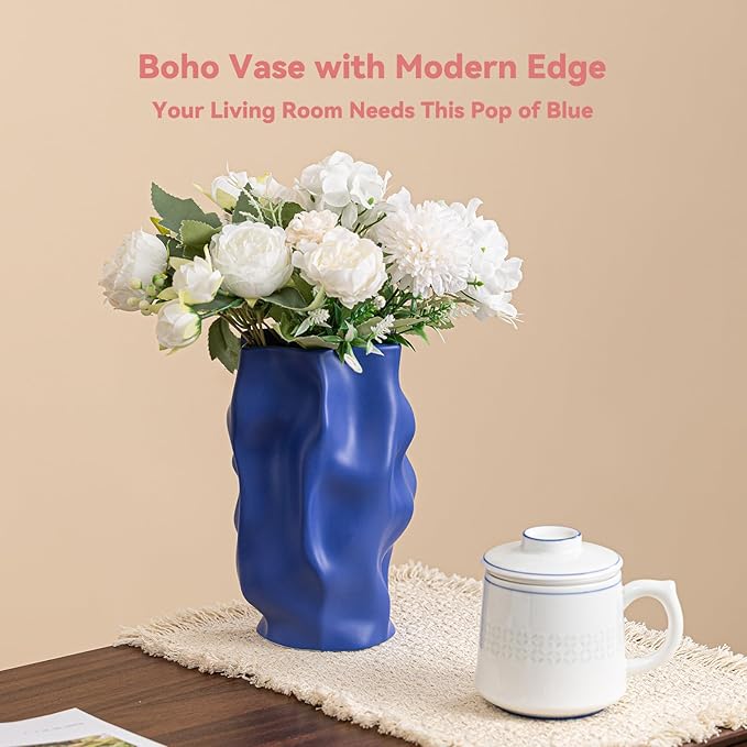 Blue Ceramic Vase for Home Décor – Modern Unique Flower Vase, Decorative Table Centerpiece – Handcrafted Ceramic Vase for Living Room, Office & Gift Ideas (ChifonCyan 8.3 inches)