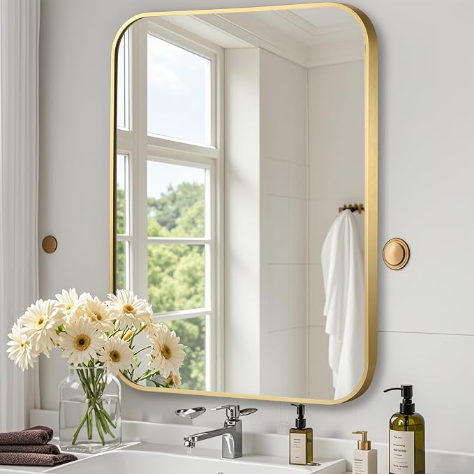 Brushed Gold Mirror, 30"x36" Rectangle Bathroom Mirror, Metal Frame Rectangle Corner Vanity Mirror, Wall Mounted Mirror for Modern, Living Room, Bedroom, Horizontal Or Vertical