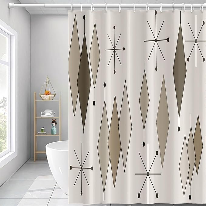 Boho Light Grey Brown Shower Curtain Abstract Mid Century Diamond Geometric Atomic Starburst Pattern Beige for 1950s Retro Bathroom Decor Shower Curtain Set with 12 Hooks, 69x70 Inches