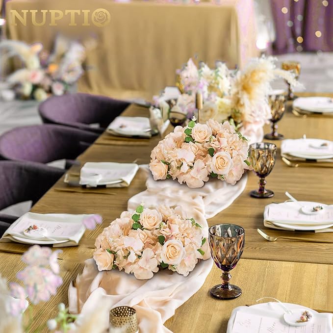 NUPTIO Flower Ball Arrangement Bouquet - 2 Pcs 14.2 inch Diameter Champagne Fake Flowers Roses Balls for Centerpieces Tables - Artificial Rose Arrangements for Wedding Centerpiece Table Decorations