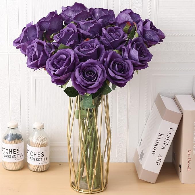 15Pcs Purple Roses Artificial Flowers Fake Roses Long Stem Velet Rose Silk Flowers for Home Wedding Decoration (Round Roses,Pure Purple)