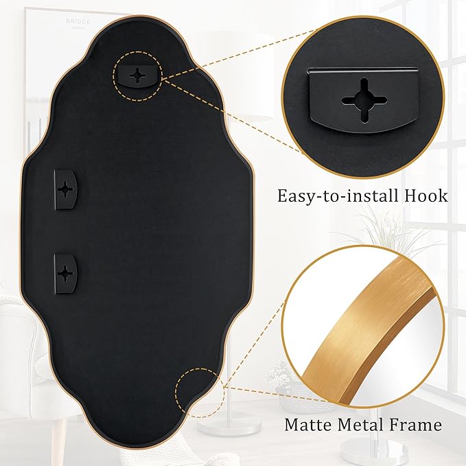 Scalloped Mirror for Bathroom - 26"x46" Gold Bathroom Mirror with Aviation Aluminum Alloy Frame & Shatter-Proof Glass for Living Room Bedroom Entryway, Brushed Gold Frame(x1)